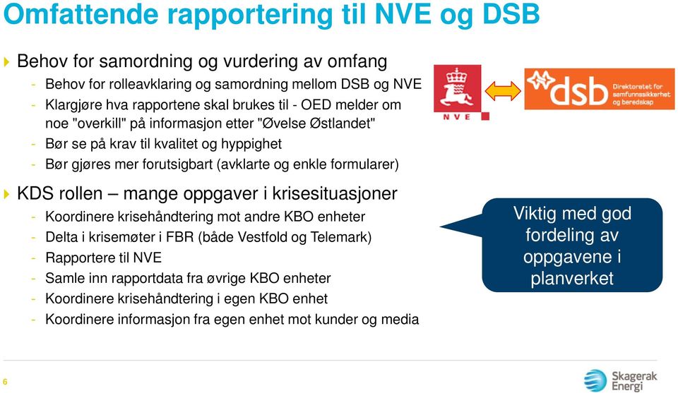 rollen mange oppgaver i krisesituasjoner - Koordinere krisehåndtering mot andre KBO enheter - Delta i krisemøter i FBR (både Vestfold og Telemark) - Rapportere til NVE - Samle inn