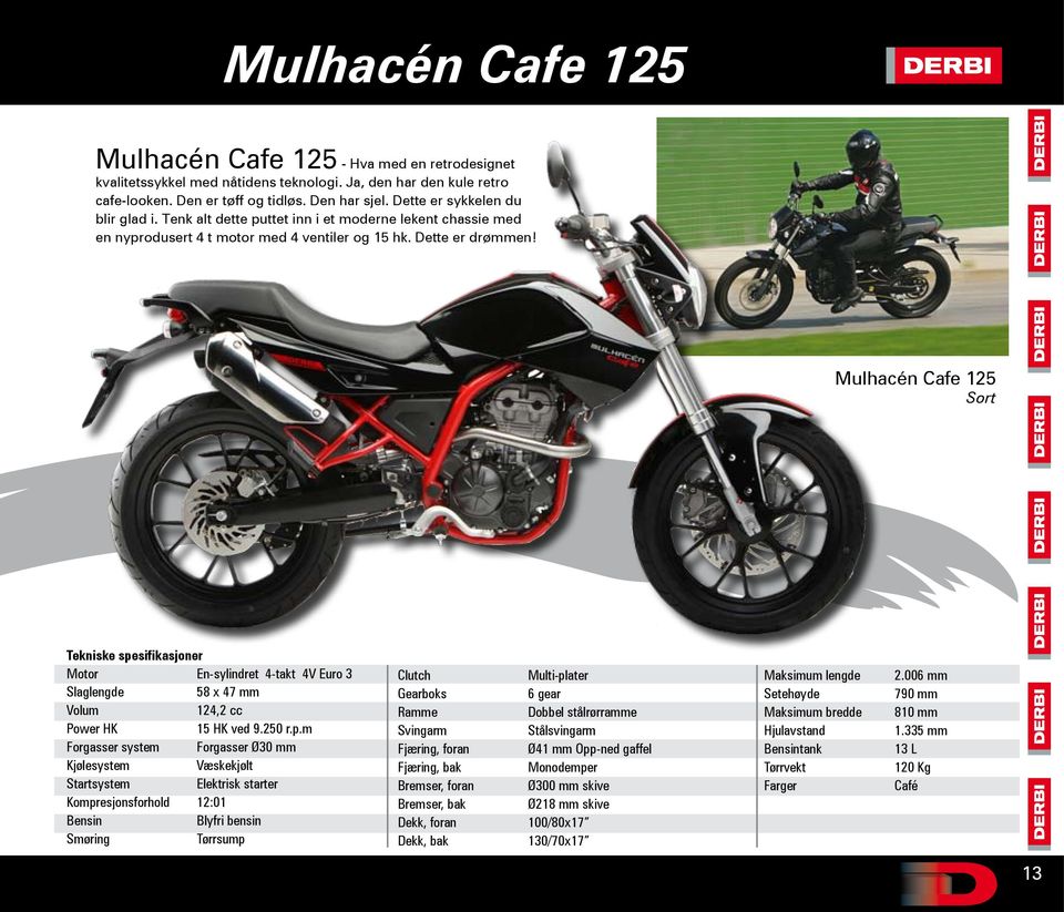 Mulhacén Cafe 125 Sort En-sylindret 4-takt 4V Euro 3 58 x 47 mm 124,2 cc Power HK 15 HK ved 9.250 r.p.