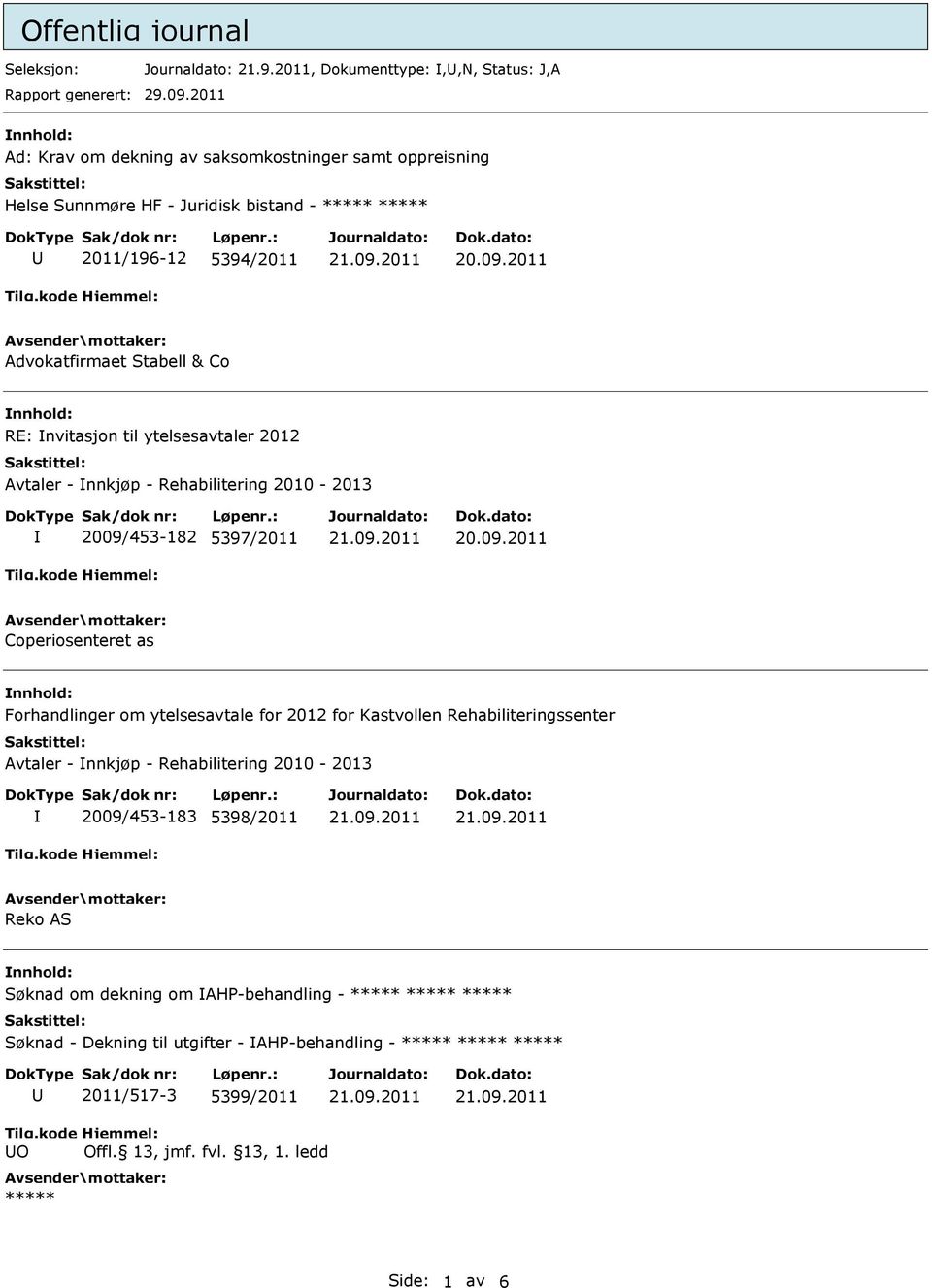 2011 Advokatfirmaet Stabell & Co RE: nvitasjon til ytelsesavtaler 2012 Avtaler - nnkjøp - Rehabilitering 2010-2013 2009/