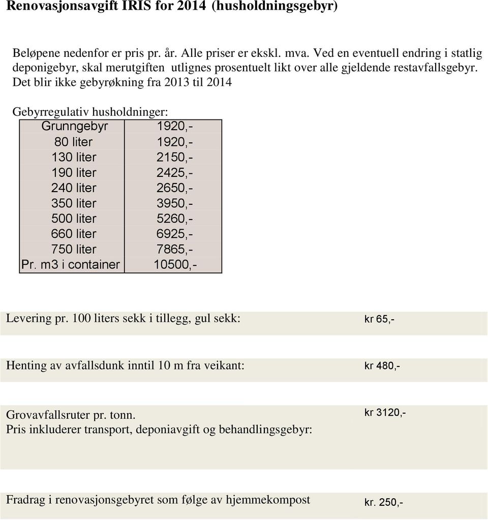 Det blir ikke gebyrøkning fra 2013 til 2014 Gebyrregulativ husholdninger: Grunngebyr 1920,- 80 liter 1920,- 130 liter 2150,- 190 liter 2425,- 240 liter 2650,- 350 liter 3950,- 500 liter 5260,-