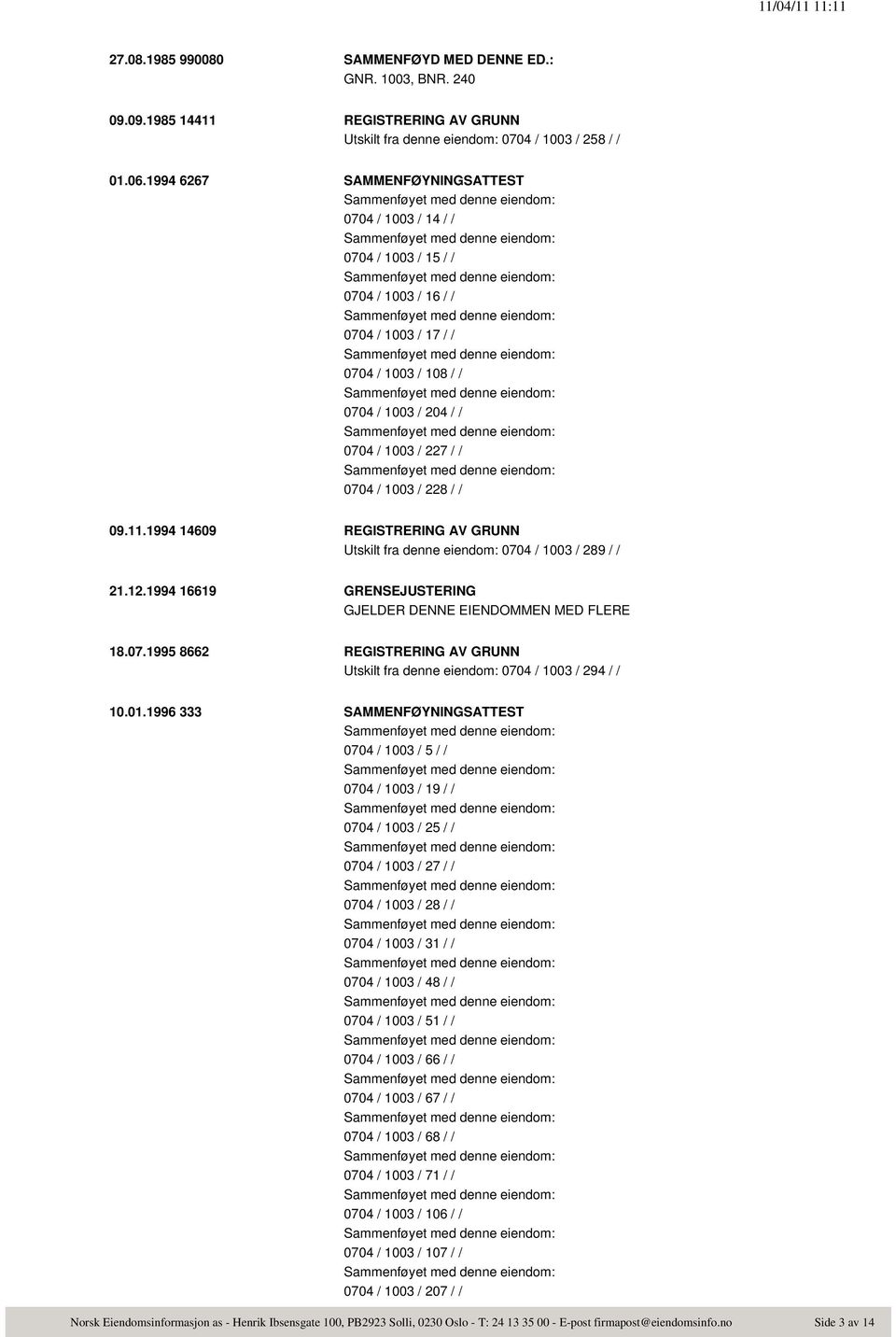 / / 09.11.1994 14609 REGISTRERING AV GRUNN Utskilt fra denne eiendom: 0704 / 1003 / 289 / / 21.12.1994 16619 GRENSEJUSTERING 18.07.1995 8662 REGISTRERING AV GRUNN Utskilt fra denne eiendom: 0704 / 1003 / 294 / / 10.