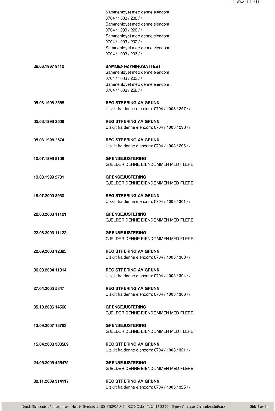 03.1999 2781 GRENSEJUSTERING 18.07.2000 8930 REGISTRERING AV GRUNN Utskilt fra denne eiendom: 0704 / 1003 / 301 / / 22.08.2003 11121 GRENSEJUSTERING 22.08.2003 11122 GRENSEJUSTERING 22.09.