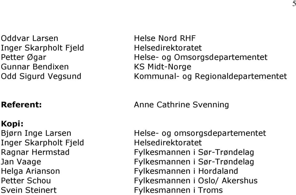 Ragnar Hermstad Jan Vaage Helga Ariansn Petter Schu Svein Steinert Helse- g msrgsdepartementet Helsedirektratet