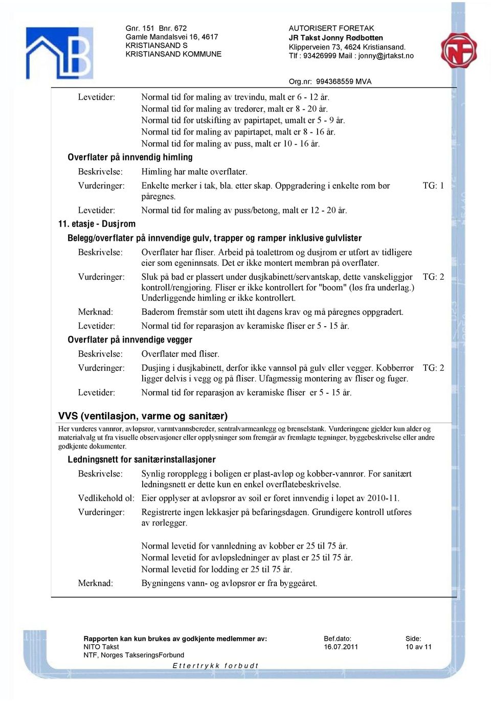 Enkelte merker i tak, bla. etter skap. Oppgradering i enkelte rom bør påregnes. Normal tid før maling av puss/betong, malt er 12-20 år.