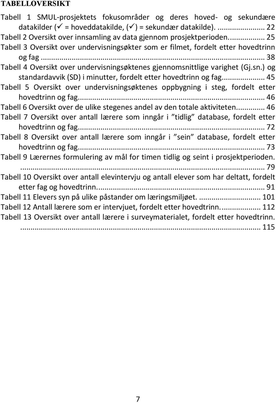 .. 38 Tabell 4 Oversikt over undervisningsøktenes gjennomsnittlige varighet (Gj.sn.) og standardavvik (SD) i minutter, fordelt etter hovedtrinn og fag.