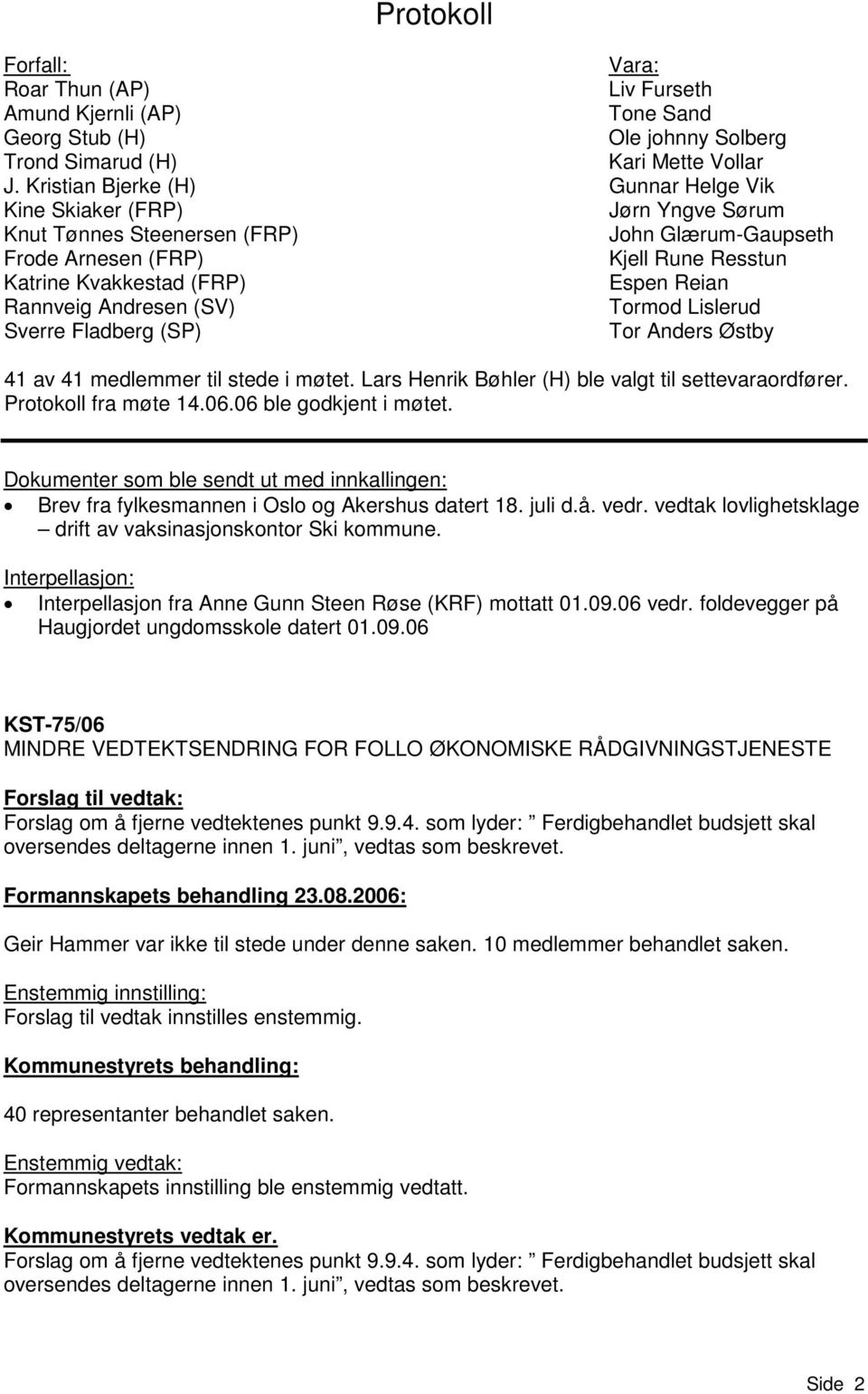 Rannveig Andresen (SV) Tormod Lislerud Sverre Fladberg (SP) Tor Anders Østby 41 av 41 medlemmer til stede i møtet. Lars Henrik Bøhler (H) ble valgt til settevaraordfører. Protokoll fra møte 14.06.