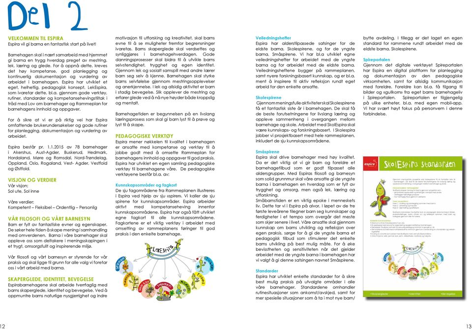 Espira har utviklet et eget, helhetlig, pedagogisk konsept, LekEspira, som ivaretar dette, bl.a. gjennom gode verktøy, rutiner, standarder og kompetansehevingstiltak i tråd med Lov om barnehager og Rammeplan for barnehagens innhold og oppgaver.