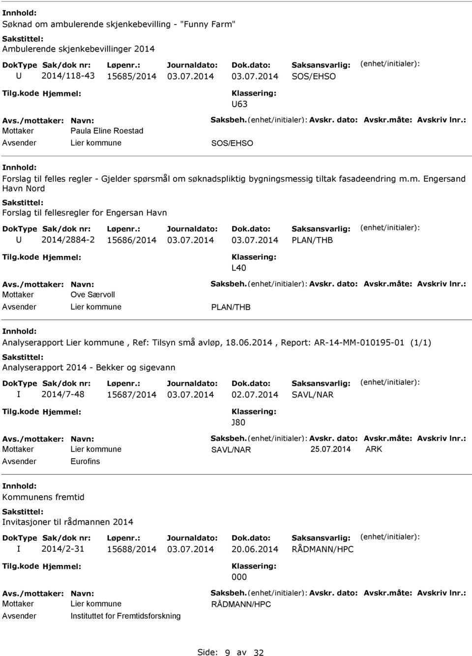 l om søknadspliktig bygningsmessig tiltak fasadeendring m.m. Engersand Havn Nord Forslag til fellesregler for Engersan Havn 2014/2884-2 15686/2014 LAN/THB L40 Mottaker Ove Særvoll LAN/THB Analyserapport, Ref: Tilsyn små avløp, 18.