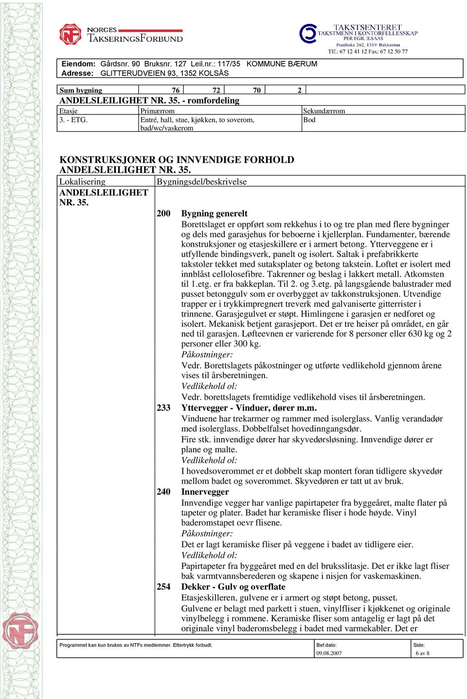 Lokalisering Bygningsdel/beskrivelse ANDELSLEILIGHET NR. 35.