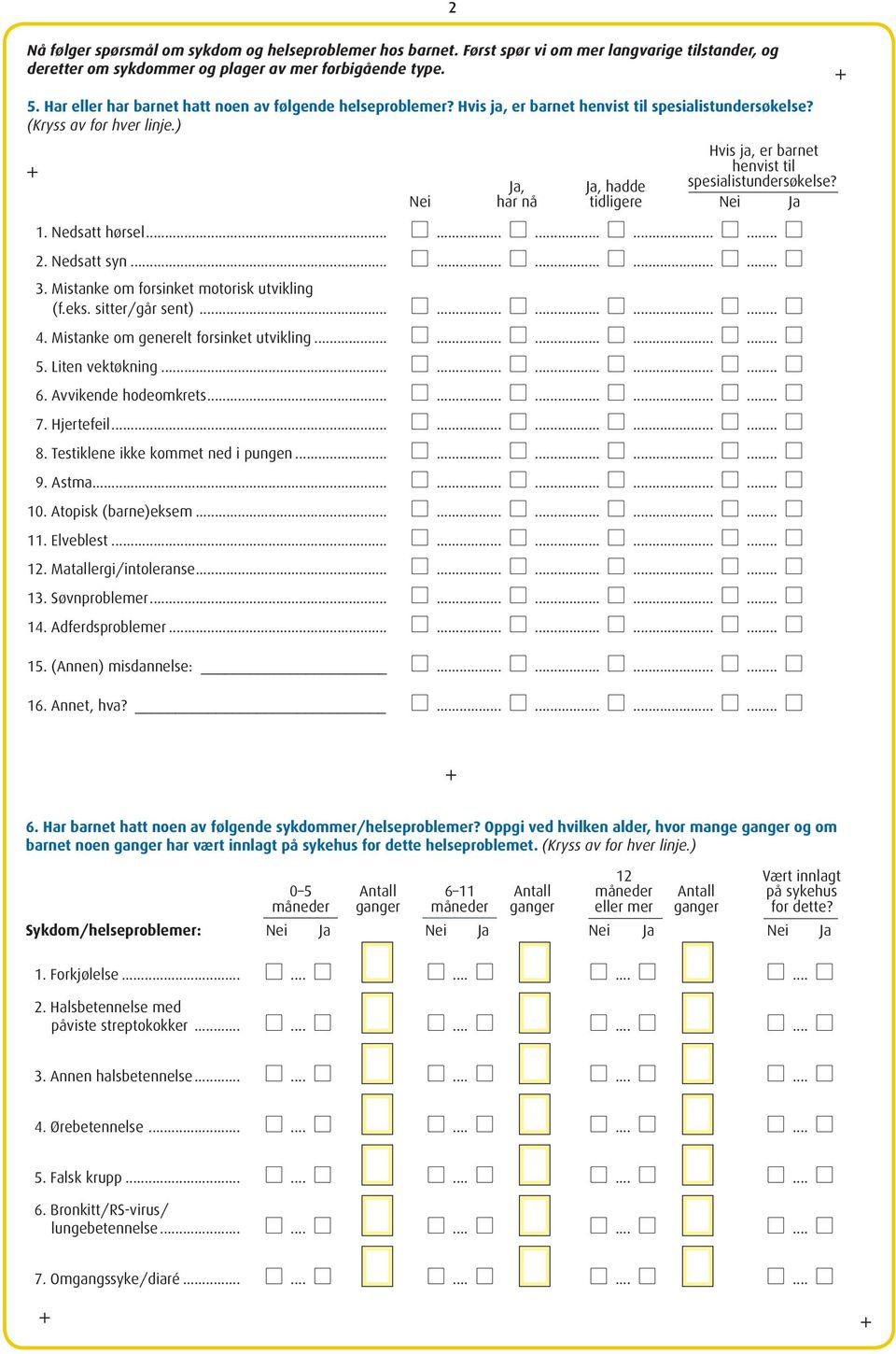 ) Hvis ja, er barnet henvist til Ja, Ja, hadde spesialistundersøkelse? Nei har nå tidligere Nei Ja 1. Nedsatt hørsel... l... l... l... 2. Nedsatt syn... l... l... l... 3.