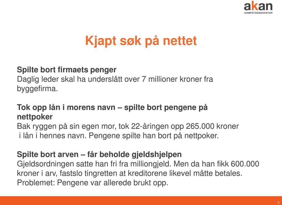 000 kroner i lån i hennes navn. Pengene spilte han bort på nettpoker.