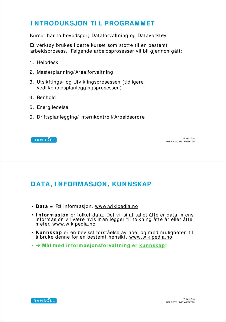 Energiledelse 6. Driftsplanlegging/Internkontroll/Arbeidsordre DATA, INFORMASJON, KUNNSKAP Data = Rå informasjon. www.wikipedia.no Informasjon er tolket data.