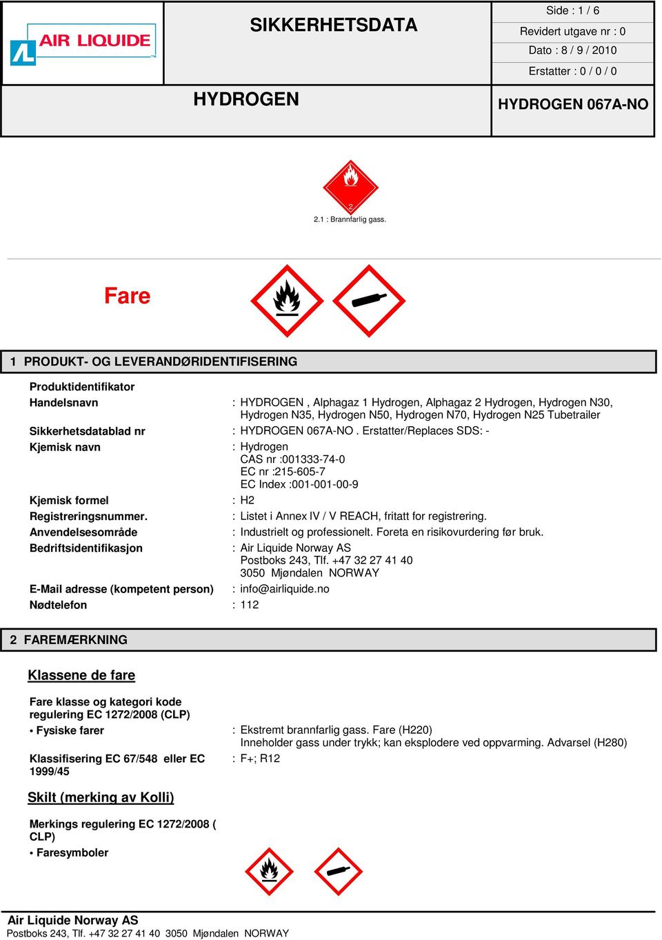 Tubetrailer Sikkerhetsdatablad nr :. Erstatter/Replaces SDS: - Kjemisk navn : Hydrogen CAS nr :001333-74-0 EC nr :215-605-7 EC Index :001-001-00-9 Kjemisk formel :H2 Registreringsnummer.