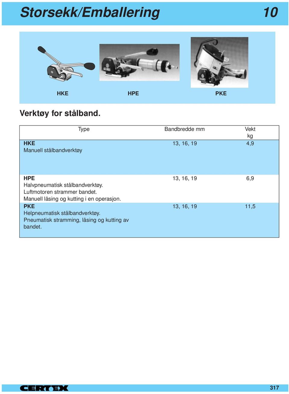 stålbandverktøy. Luftmotoren strammer bandet. Manuell låsing og kutting i en operasjon.