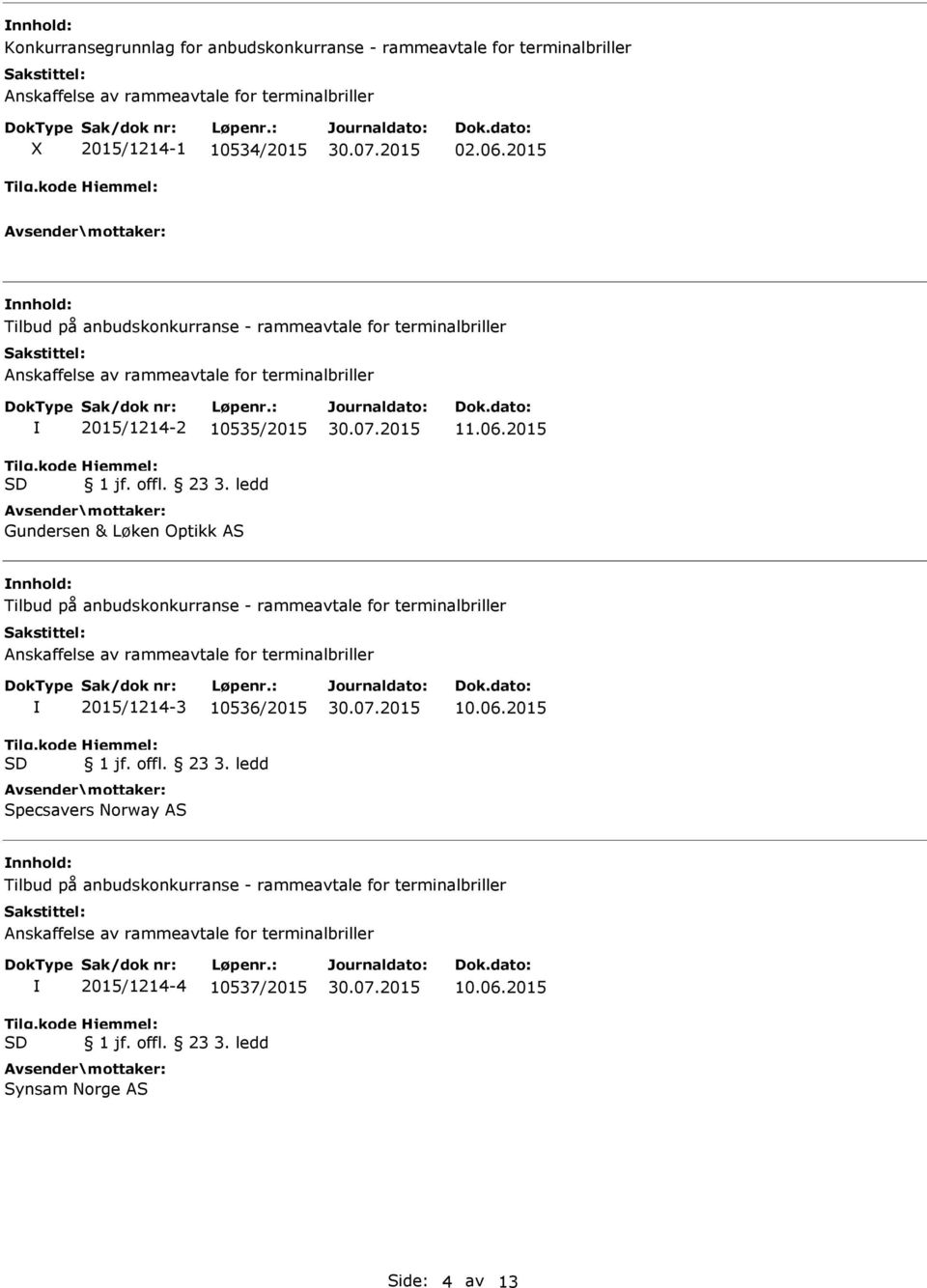 ledd Gundersen & Løken Optikk AS 11.06.2015 Tilbud på anbudskonkurranse - rammeavtale for terminalbriller Tilg.