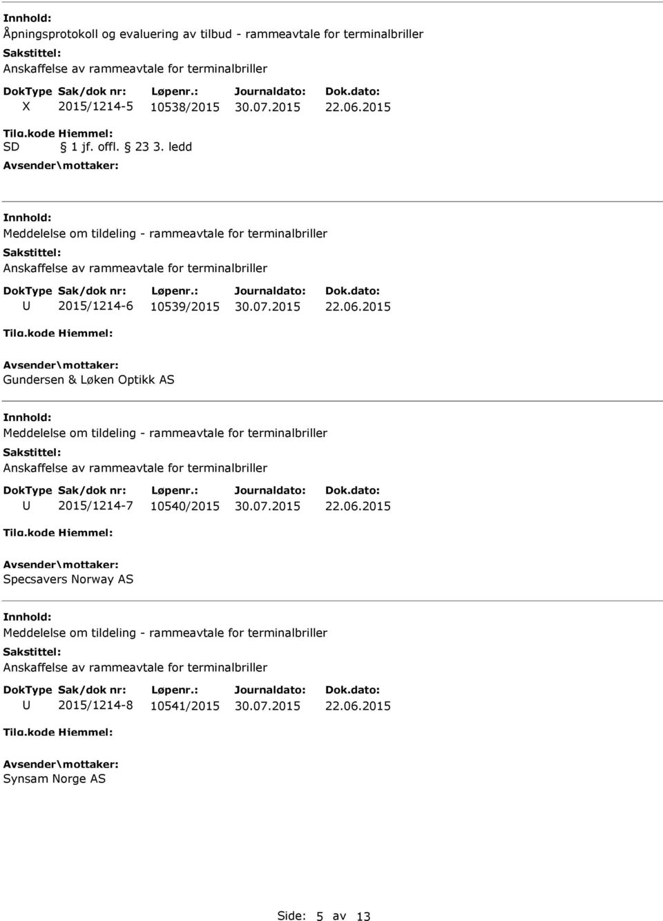 2015 Meddelelse om tildeling - rammeavtale for terminalbriller 2015/1214-6 10539/2015 22.06.