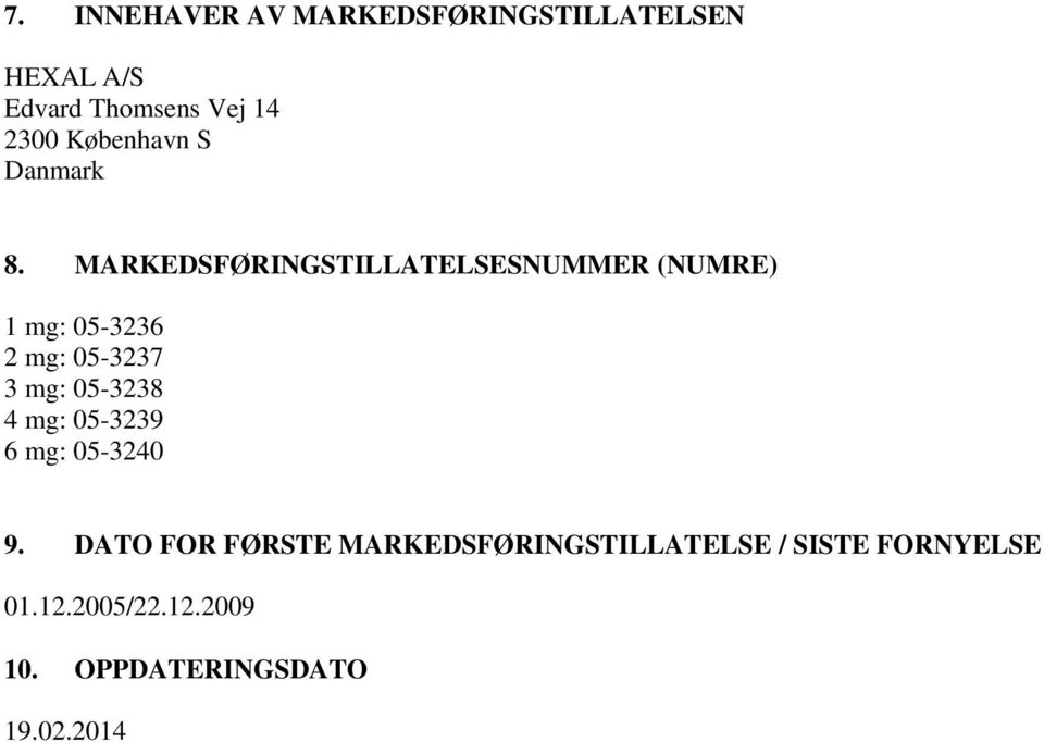 MARKEDSFØRINGSTILLATELSESNUMMER (NUMRE) 1 mg: 05-3236 2 mg: 05-3237 3 mg: 05-3238