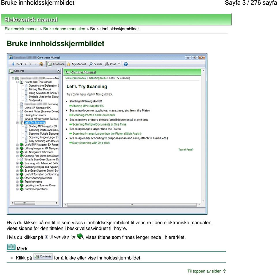 til venstre i den elektroniske manualen, vises sidene for den tittelen i beskrivelsesvinduet til høyre.