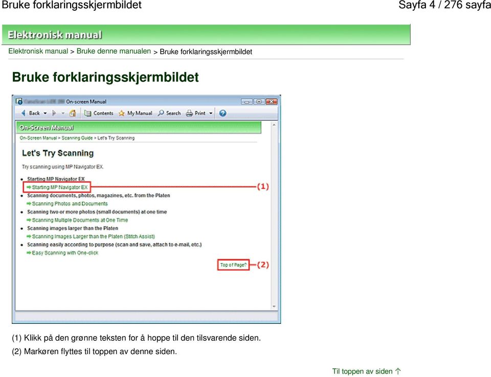 forklaringsskjermbildet (1) Klikk på den grønne teksten for å hoppe