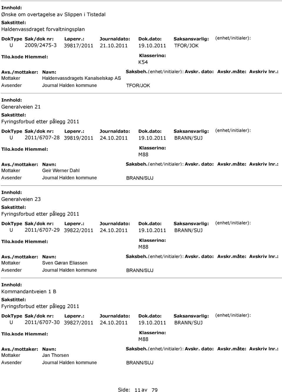 måte: Avskriv lnr.: Geir Werner Dahl BRANN/SJ Generalveien 23 Fyringsforbud etter pålegg 2011 2011/6707-29 39822/2011 19.10.2011 BRANN/SJ M88 Avs./mottaker: Navn: Saksbeh. Avskr. dato: Avskr.