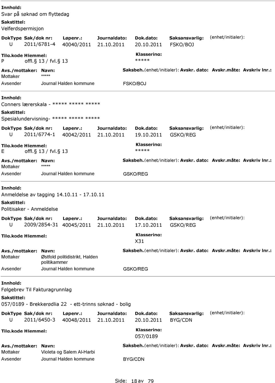 10.11 Politisaker - Anmeldelse 2009/2854-31 40045/2011 17.10.2011 GSKO/RG X31 Avs./mottaker: Navn: Saksbeh. Avskr. dato: Avskr.måte: Avskriv lnr.