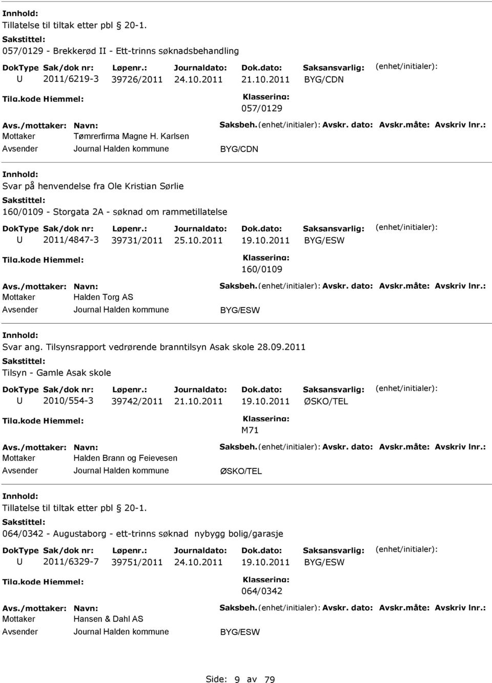 /mottaker: Navn: Saksbeh. Avskr. dato: Avskr.måte: Avskriv lnr.: Halden Torg AS BYG/SW Svar ang. Tilsynsrapport vedrørende branntilsyn Asak skole 28.09.