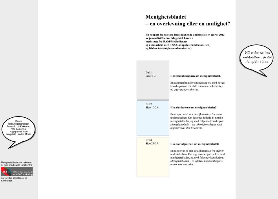 Kirkerådet (utgiverundersøkelsen). 80% av dem som leser menighetsbladet, går aldri eller sjelden i kirken. Del 1 Side 4-9: Hovedkonklusjonen om menighetsbladet.