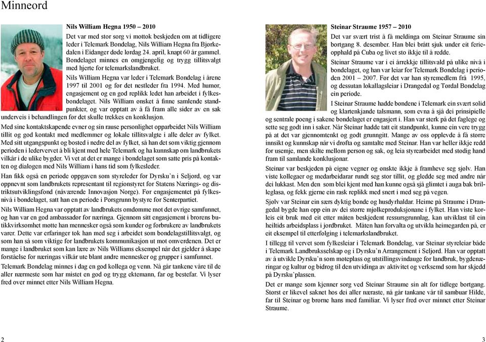 Nils William Hegna var leder i Telemark Bondelag i årene 1997 til 2001 og før det nestleder fra 1994. Med humør, engasjement og en god replikk ledet han arbeidet i fylkesbondelaget.