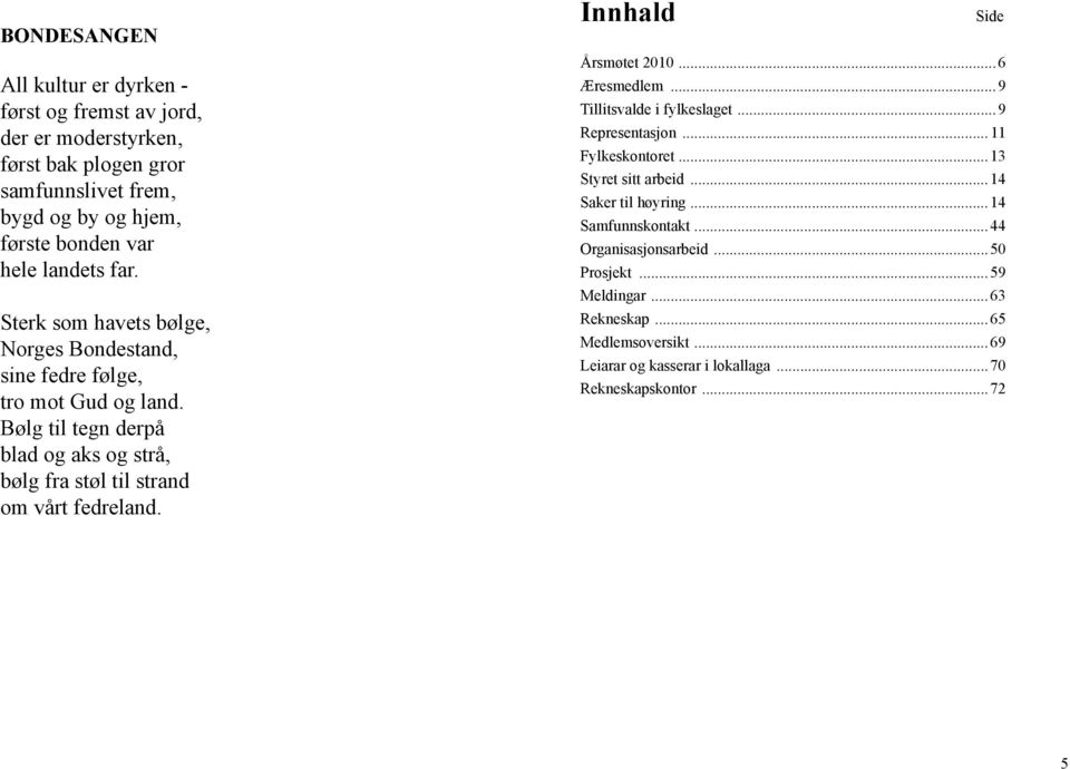 Bølg til tegn derpå blad og aks og strå, bølg fra støl til strand om vårt fedreland. Innhald Side Årsmøtet 2010...6 Æresmedlem...9 Tillitsvalde i fylkeslaget.