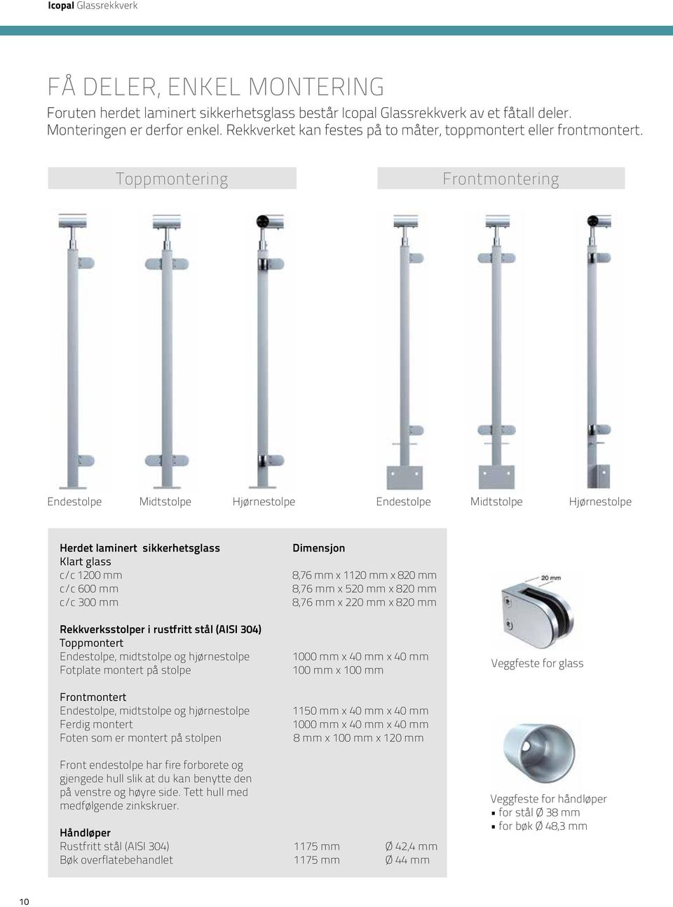 Toppmontering Frontmontering Endestolpe Midtstolpe Hjørnestolpe Endestolpe Midtstolpe Hjørnestolpe Herdet laminert sikkerhetsglass Klart glass c/c 1200 mm c/c 600 mm c/c 300 mm Rekkverksstolper i