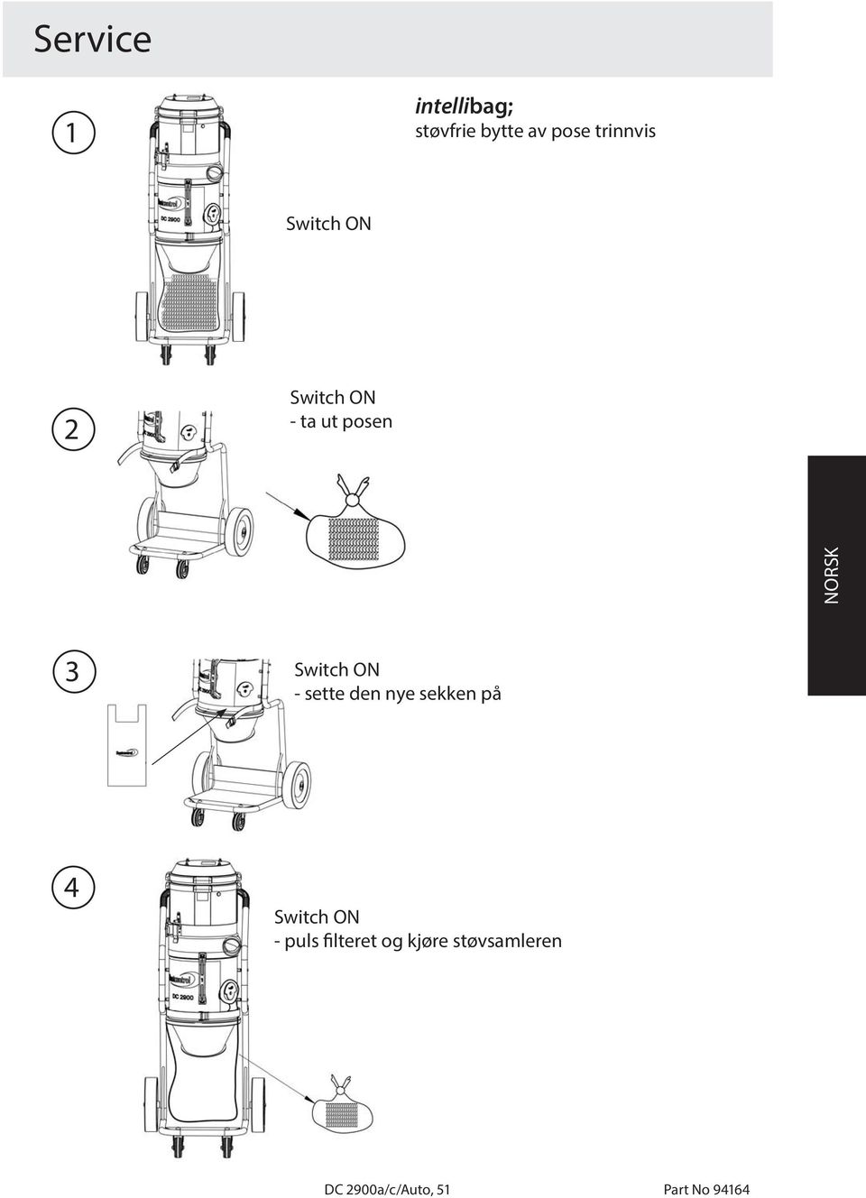 - sette den nye sekken på 4 Switch ON - puls filteret