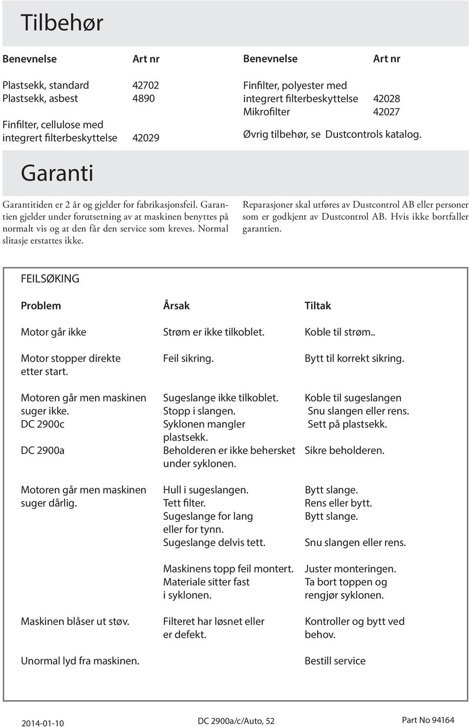 Garantien gjelder under forutsetning av at maskinen benyttes på normalt vis og at den får den service som kreves. Normal slitasje erstattes ikke.