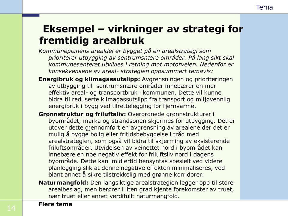 Nedenfor er konsekvensene av areal- strategien oppsummert temavis: Energibruk og klimagassutslipp: Avgrensningen og prioriteringen av utbygging til sentrumsnære områder innebærer en mer effektiv