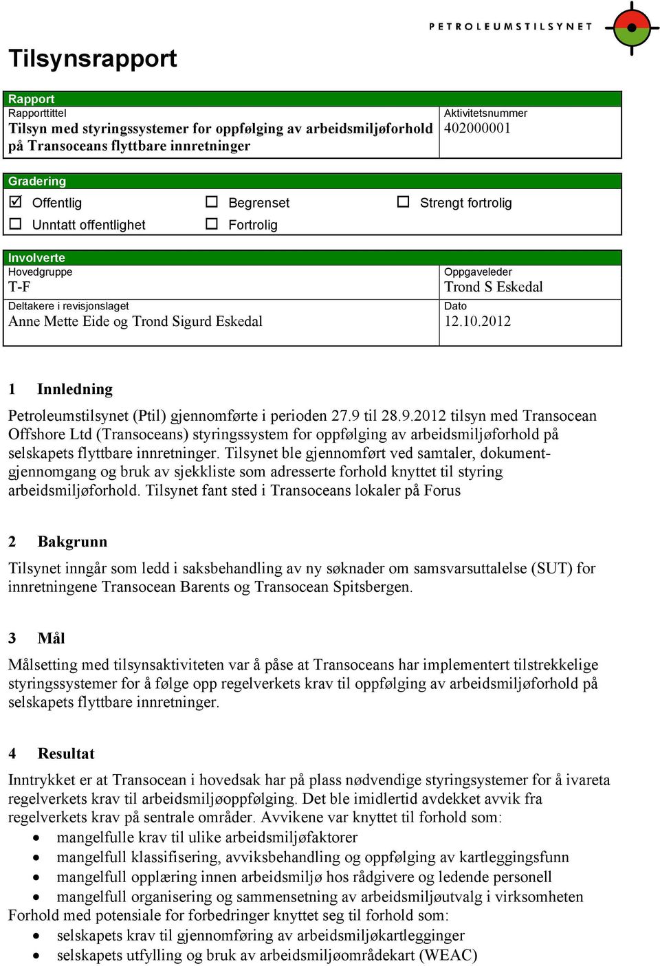 2012 Dato 1 Innledning Petroleumstilsynet (Ptil) gjennomførte i perioden 27.9 