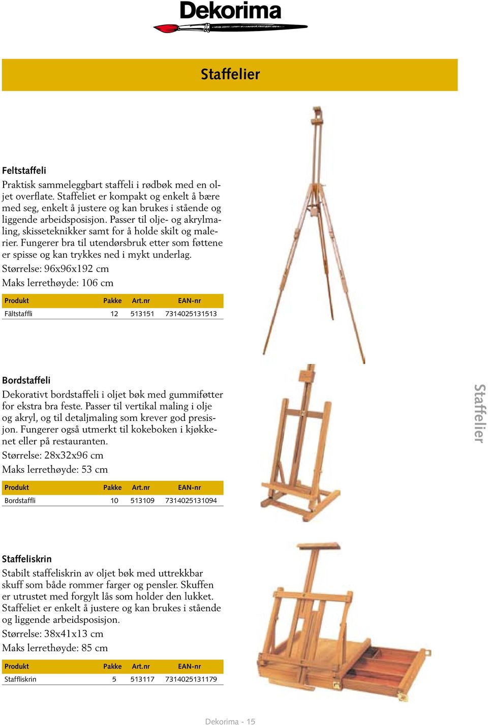 Passer til olje- og akrylmaling, skisseteknikker samt for å holde skilt og malerier. Fungerer bra til utendørsbruk etter som føttene er spisse og kan trykkes ned i mykt underlag.