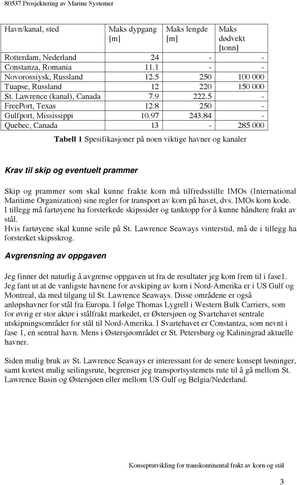 84 - Quebec, Canada 13-285 000 Tabell 1 Spesifikasjoner på noen viktige havner og kanaler Krav til skip og eventuelt prammer Skip og prammer som skal kunne frakte korn må tilfredsstille IMOs
