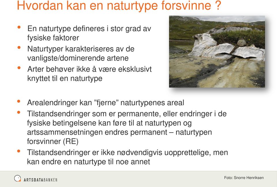 være eksklusivt knyttet til en naturtype Arealendringer kan fjerne naturtypenes areal Tilstandsendringer som er permanente, eller