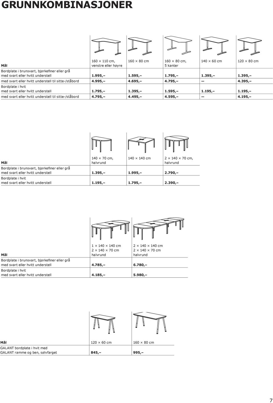 195, med svart eller hvitt understell til sitte-/ståbord 4.795, 4.495, 4.595, 4.