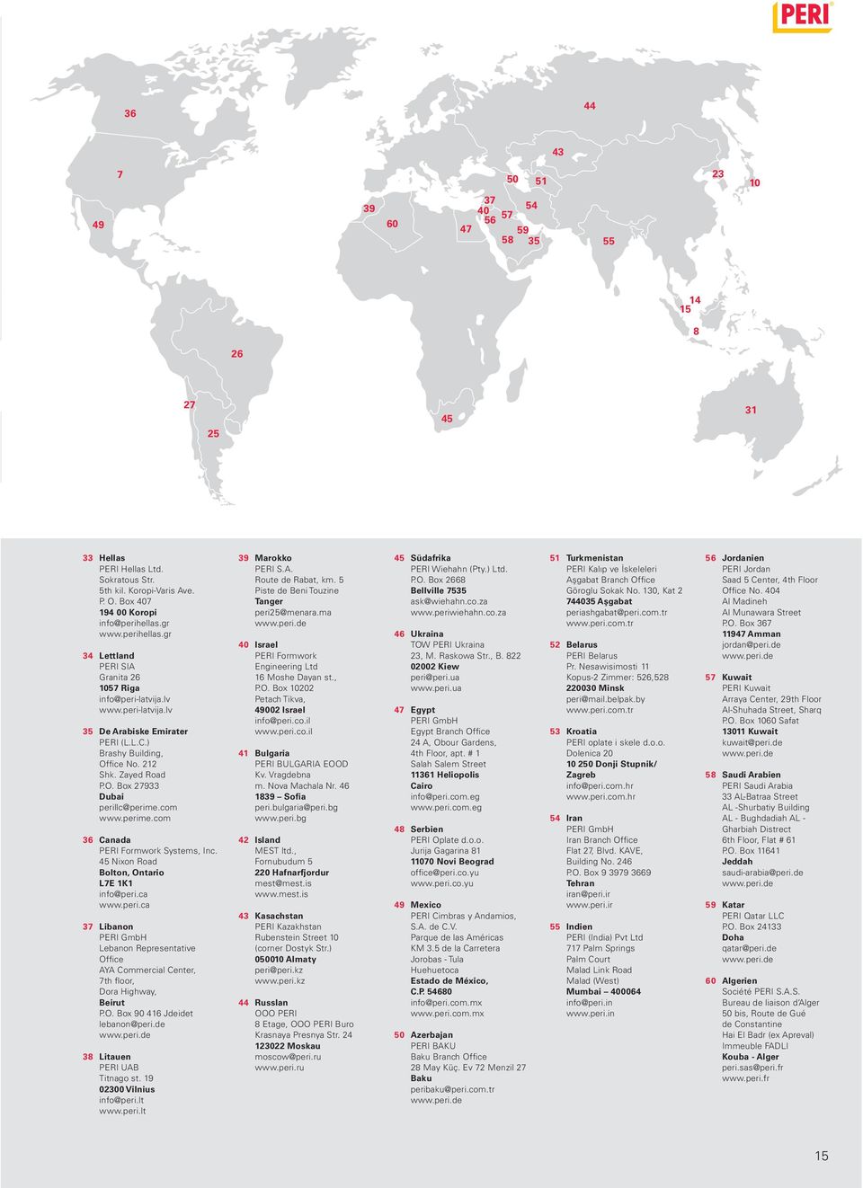 com www.perime.com 36 Canada PERI Formwork Systems, Inc. 45 Nixon Road Bolton, Ontario L7E 1K1 info@peri.ca www.peri.ca 37 Libanon PERI GmbH Lebanon Representative Office AYA Commercial Center, 7th floor, Dora Highway, Beirut P.