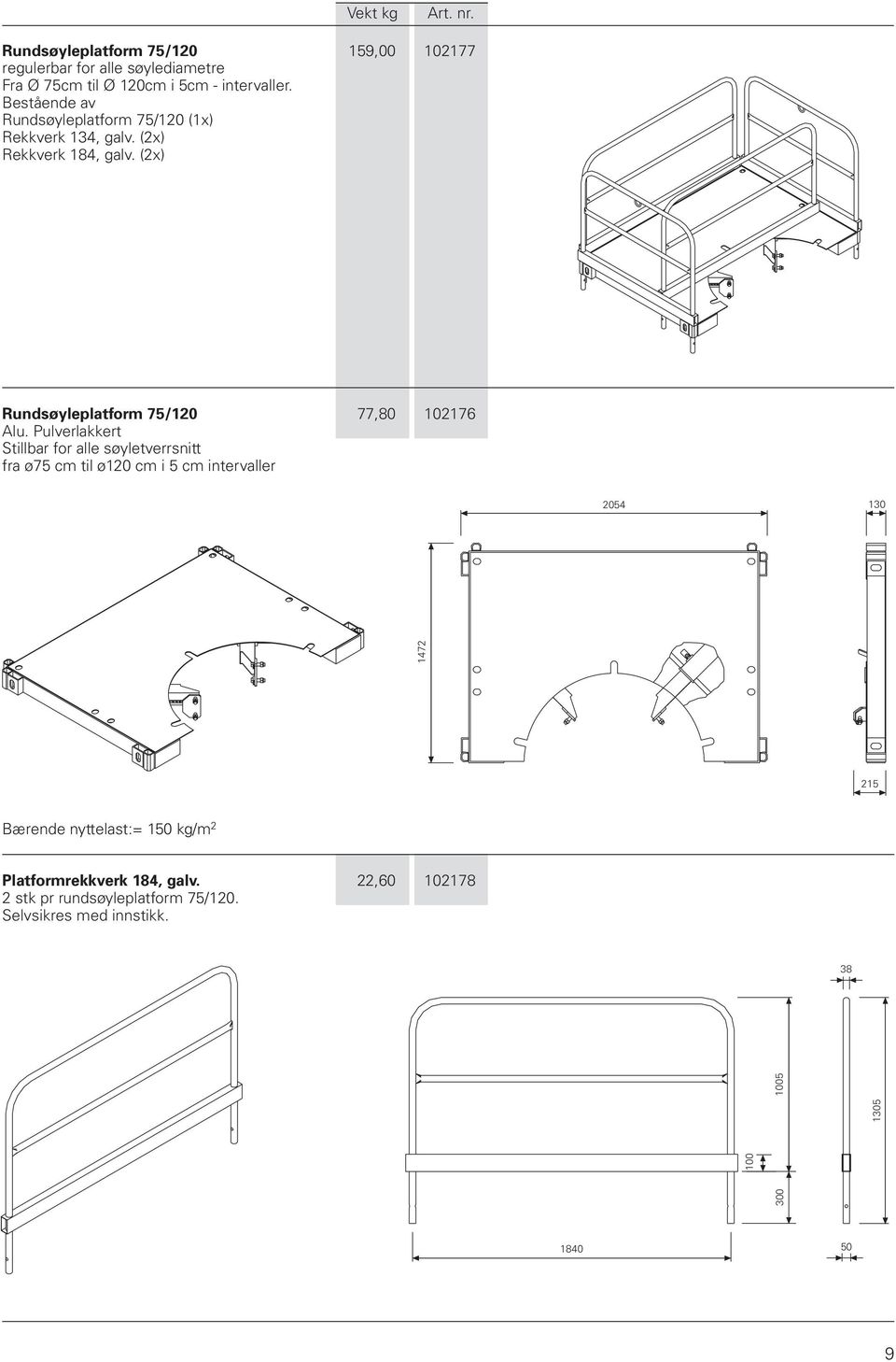 Pulverlakkert Stillbar for alle søyletverrsnitt fra ø75 cm til ø120 cm i 5 cm intervaller 2054 130 300 1005 1472 215 Bærende