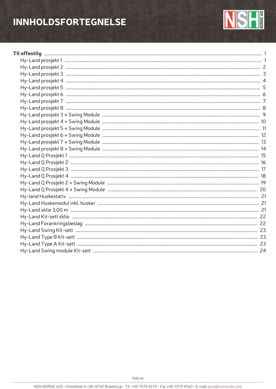 .. 2 Hy-Land prosjekt 7 + Swing Module... 3 Hy-Land prosjekt 8 + Swing Module... 4 Hy-Land Q Prosjekt... 5 Hy-Land Q Prosjekt 2... 6 Hy-Land Q Prosjekt 3... 7 Hy-Land Q Prosjekt 4.