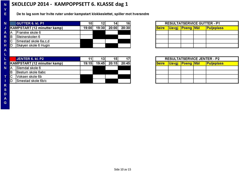 P1 10 12 14 16 RUTTRVIC UTTR - P1 J KMPTRT (12 minutter kamp) 19:00 19:30 20:00 20:30 eire Uavgj Poeng Mål Puljeplass Å Franske skole 6