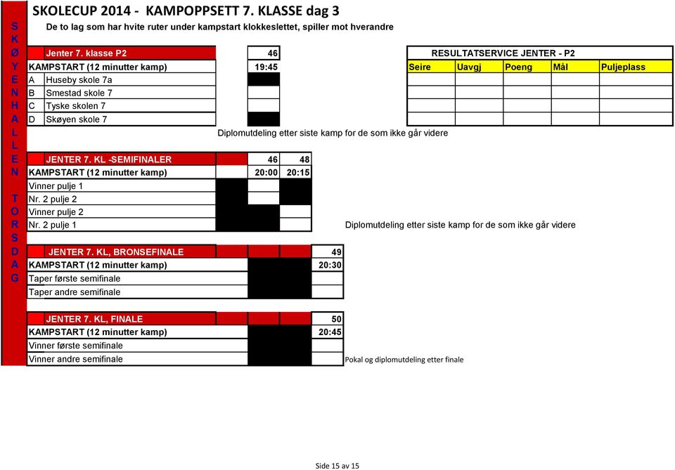 for de som ikke går videre JTR 7. K -MIFIR 46 48 KMPTRT (12 minutter kamp) 20:00 20:15 Vinner pulje 1 T r. 2 pulje 2 O Vinner pulje 2 R r.
