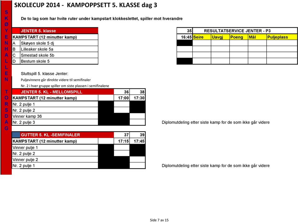 klasse Jenter: Puljevinnere går direkte videre til semifinaler r. 2 i hver gruppe spiller om siste plassen i semifinalene T JTR 5. K - MOMPI 36 38 O KMPTRT (12 minutter kamp) 17:00 17:30 R r.