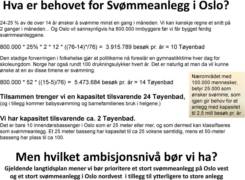 år = 10 Tøyenbad Den stadige forverringen i folkehelse gjør at politikerne nå foreslår en gymnastikktime hver dag for skoleungdom. Norge har også rundt 100 drukningsulykker hvert år.