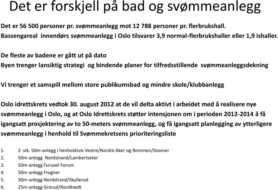 De fleste av badene er gått ut på dato Byen trenger lansiktig strategi og bindende planer for tilfredsstillende svømmeanleggsdekning Vi trenger et samspill mellom store publikumsbad og mindre