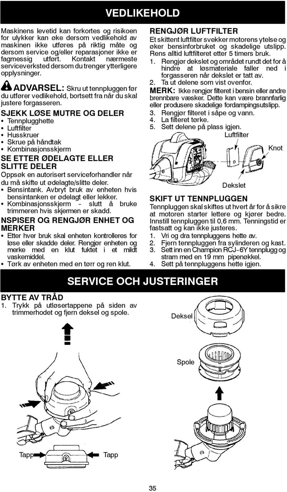 SJEKK LØSE MUTRE OG DELER S Tennplugghette S Luftfilter S Husskruer S Skrue på håndtak S Kombinasjonsskjerm SE ETTER ØDELAGTE ELLER SLITTE DELER Oppsøk en autorisert serviceforhandler når du må