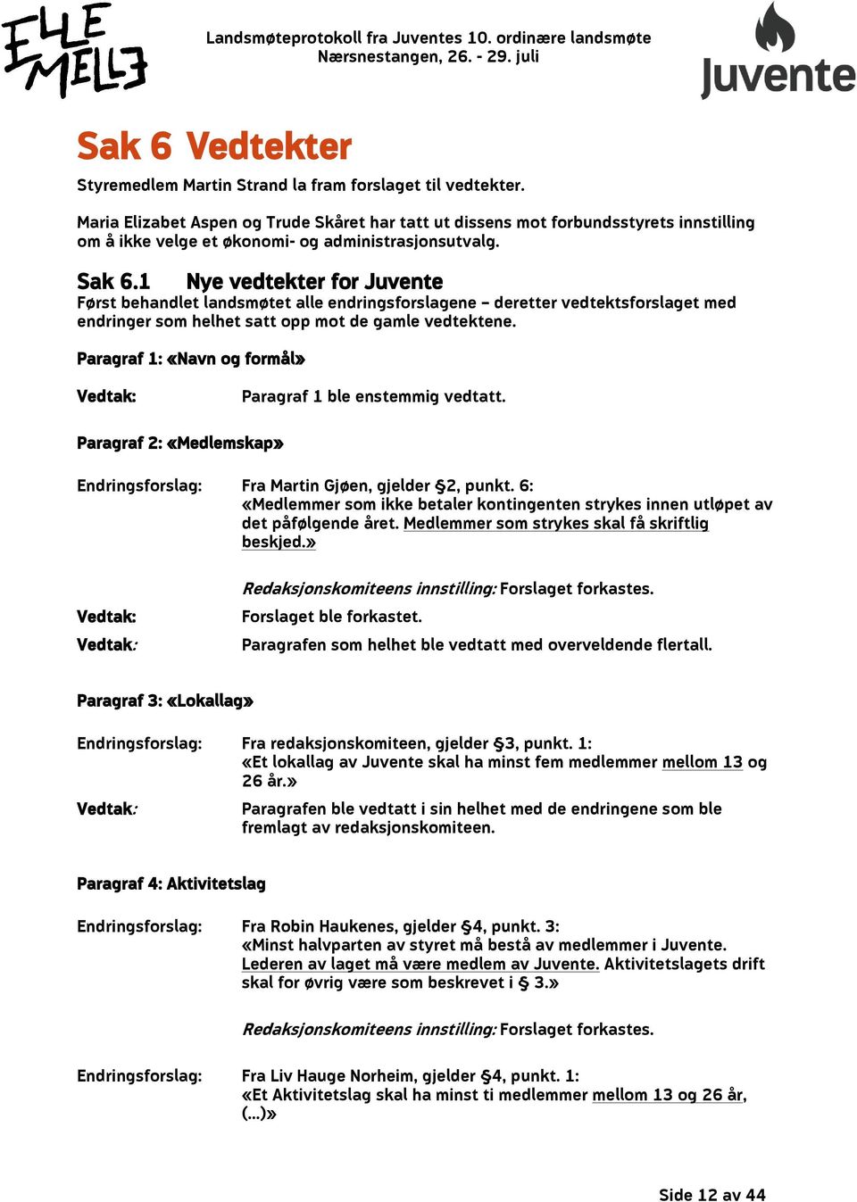 1 Nye vedtekter for Juvente Først behandlet landsmøtet alle endringsforslagene deretter vedtektsforslaget med endringer som helhet satt opp mot de gamle vedtektene.