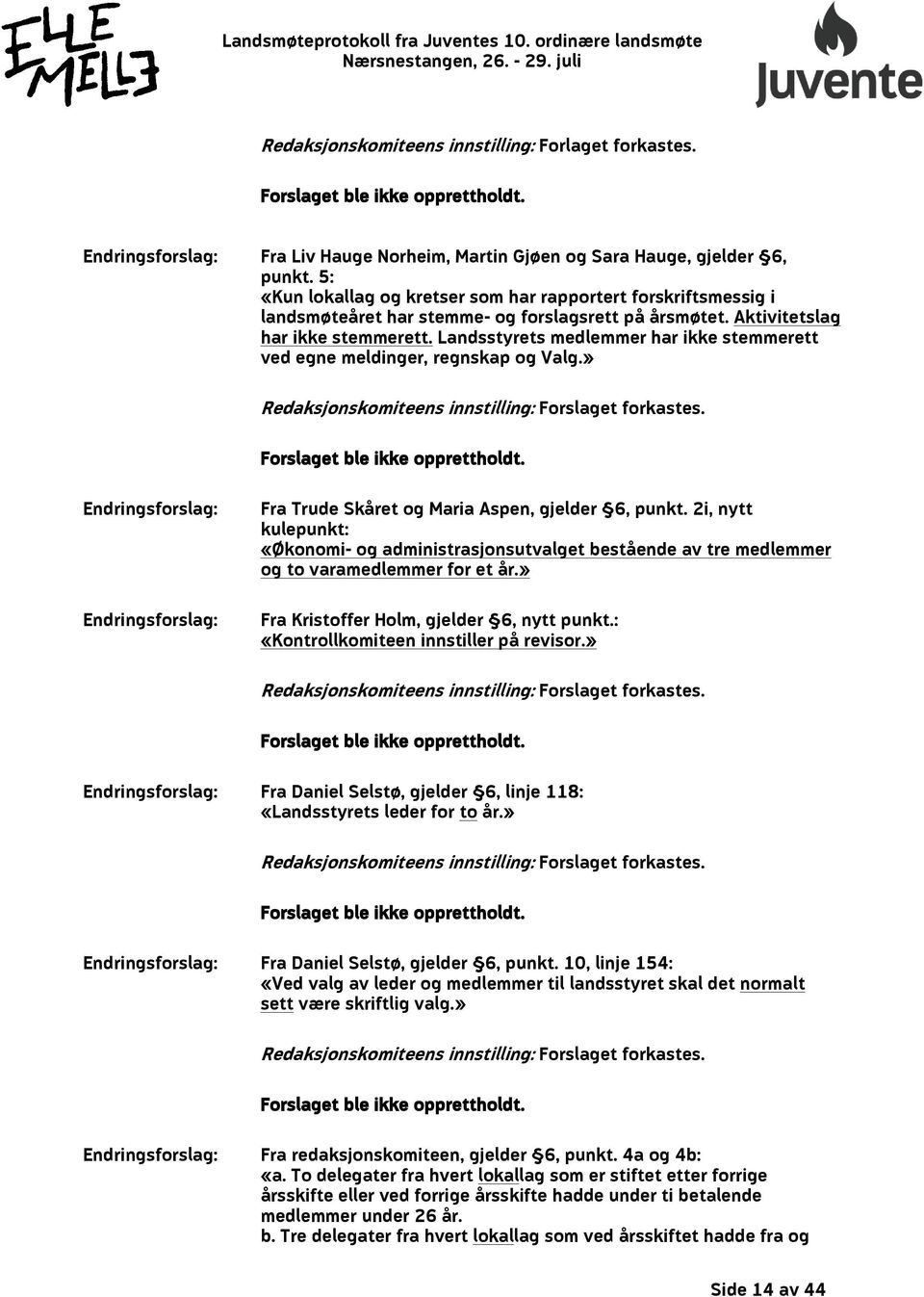 Landsstyrets medlemmer har ikke stemmerett ved egne meldinger, regnskap og Valg.» Redaksjonskomiteens innstilling: Forslaget forkastes. Forslaget ble ikke opprettholdt.