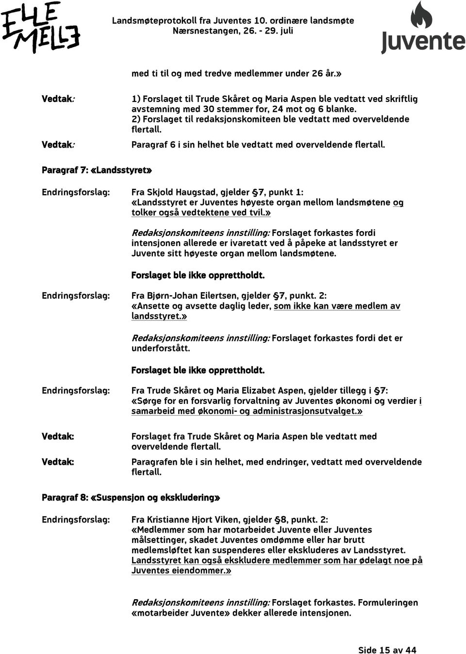 Paragraf 7: «Landsstyret» Fra Skjold Haugstad, gjelder 7, punkt 1: «Landsstyret er Juventes høyeste organ mellom landsmøtene og tolker også vedtektene ved tvil.